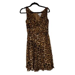 Vintage Spiegel Leopard Animal Print 100% Silk V Neck Fit and Flare Dress